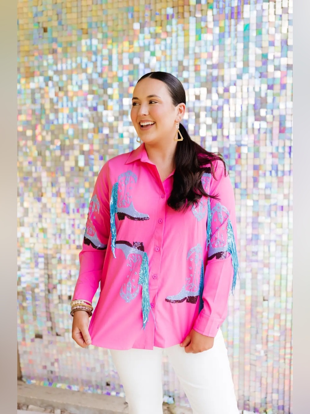 Blue B Pink Sequin Fringe Button-Up Shirt